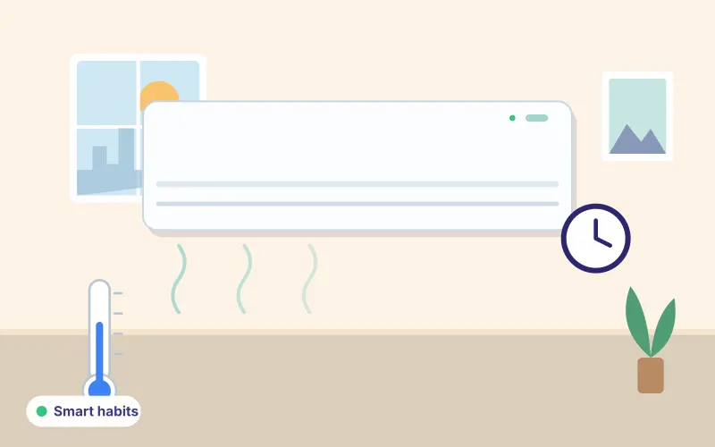 Illustration of a split AC with a thermometer and clock representing everyday habits for lower running costs