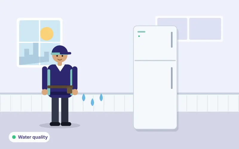 Illustration of a technician beside a refrigerator with water drops representing water quality