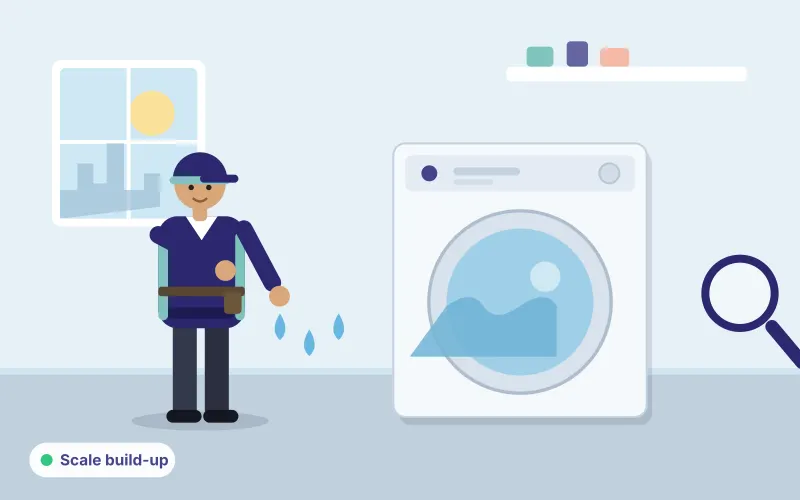 Illustration of a technician inspecting a washing machine for mineral scale with a magnifying glass and water drops