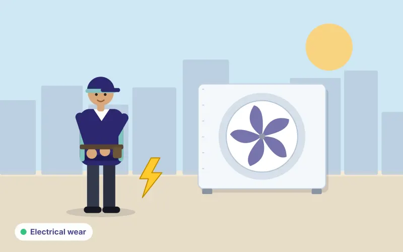 Illustration of a technician checking an outdoor AC unit with an electrical warning symbol