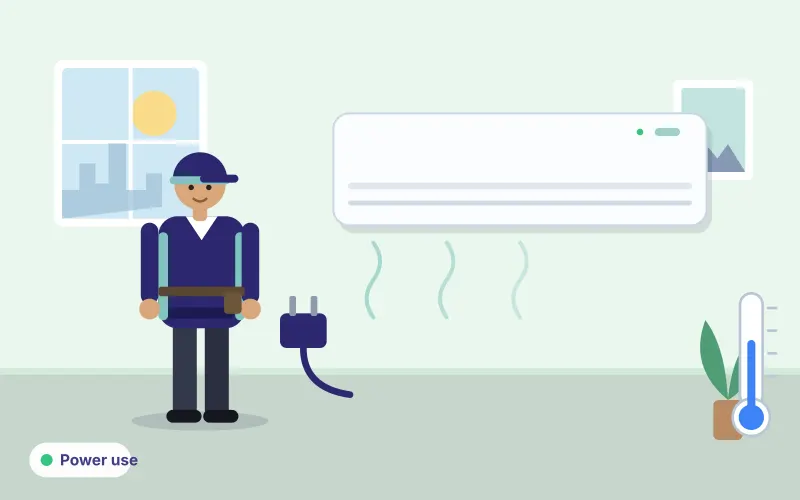 Illustration of a technician beside a split AC with a power plug and thermometer, representing electricity use