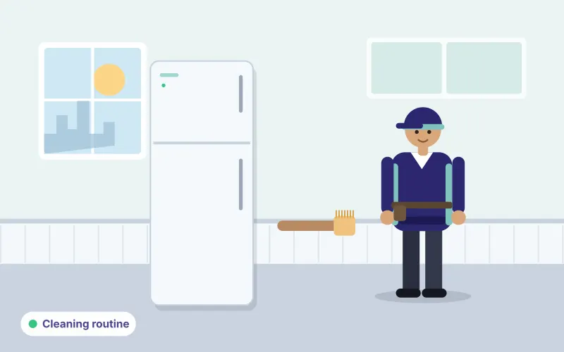 Illustration of a technician with a cleaning brush beside a refrigerator