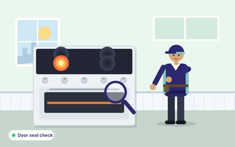 Illustration of a technician inspecting an oven door seal with a magnifying glass