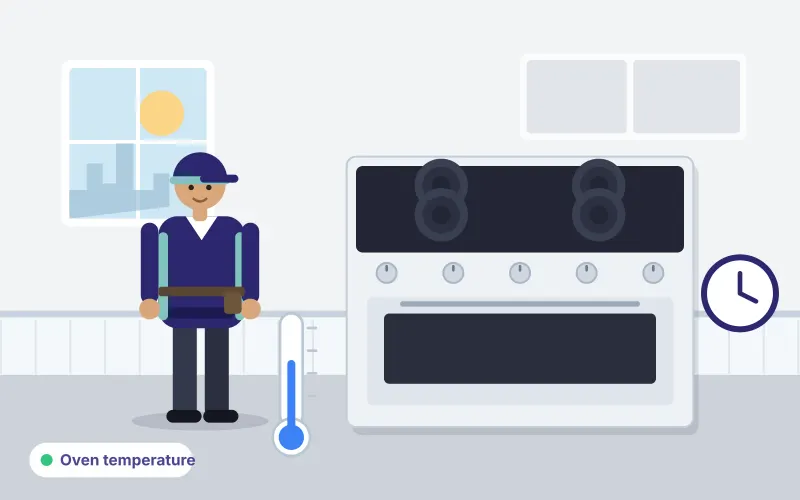 Illustration of a technician with a thermometer and clock beside an oven