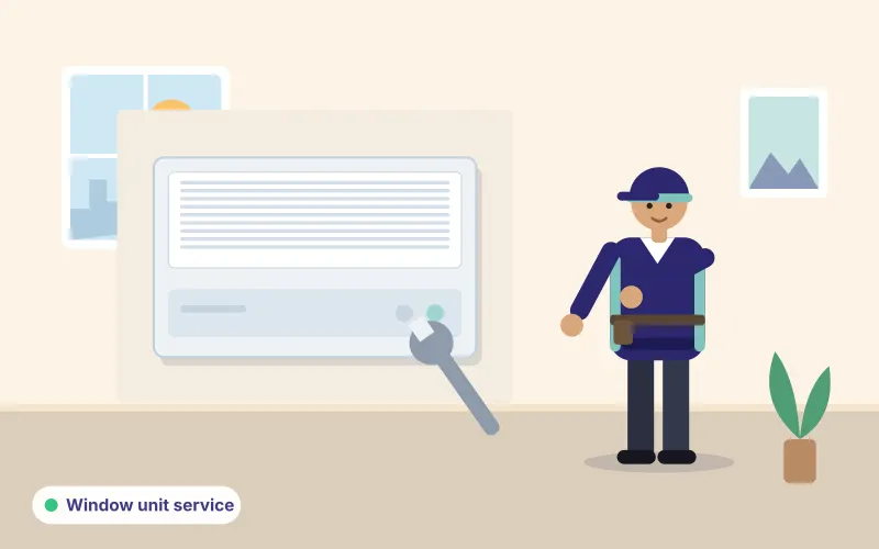 Illustration of a technician servicing a window air conditioner with a wrench