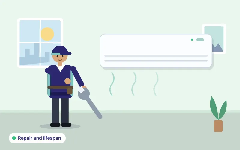 Illustration of a technician servicing a split air conditioner with a wrench