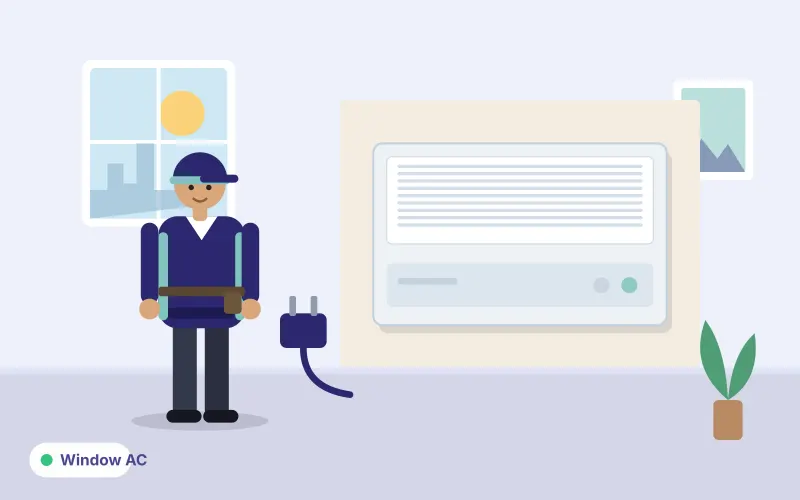 Illustration of a technician beside a window air conditioner with a power plug