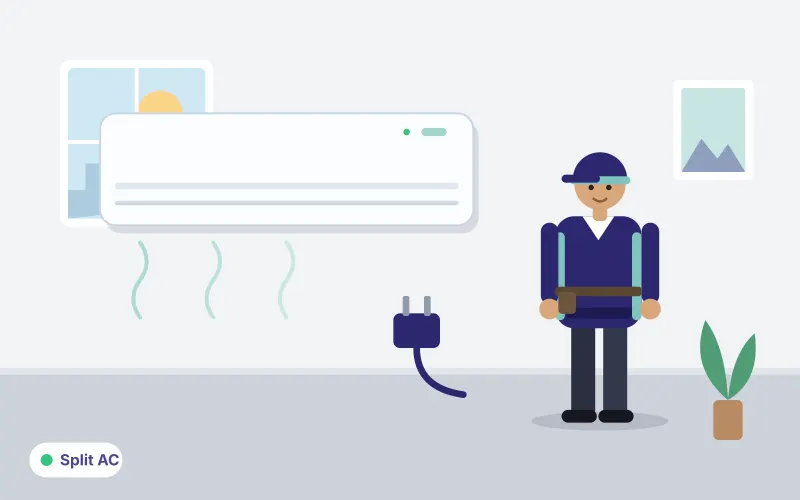 Illustration of a technician beside a wall-mounted split air conditioner with a power plug