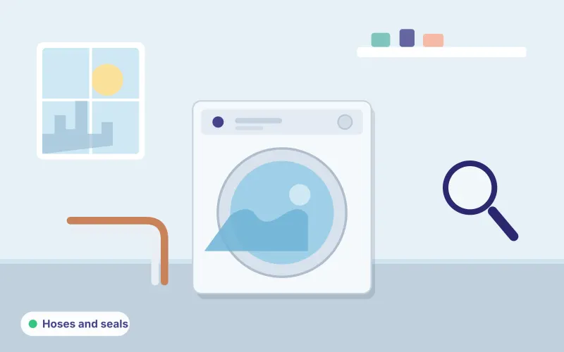 Illustration of a washing machine with a hose and magnifying glass representing hose and seal checks