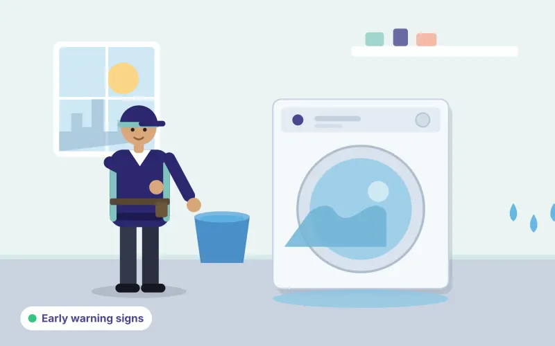 Illustration of a technician inspecting a washing machine with a puddle on the floor and a bucket