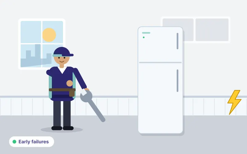 Illustration of a technician with a wrench inspecting a refrigerator, with an electrical warning symbol