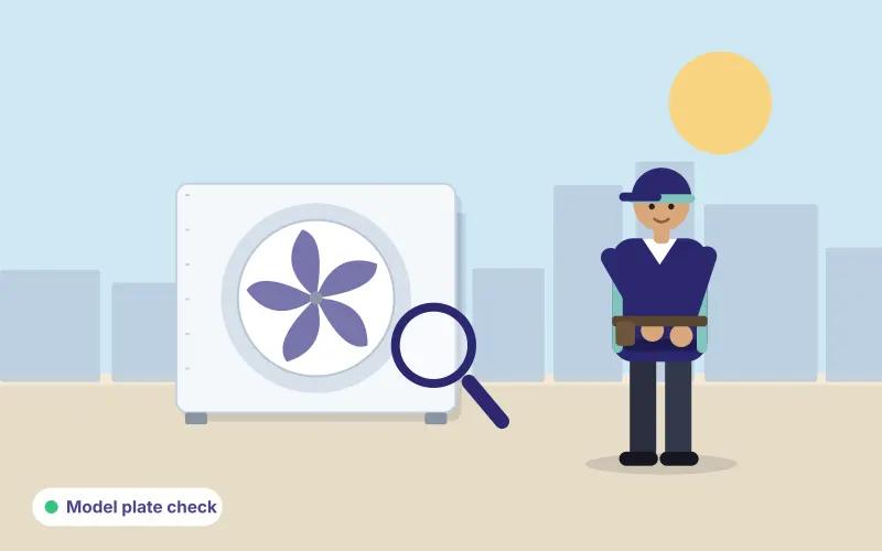 Illustration of a technician crouching to read the model plate on an outdoor AC unit