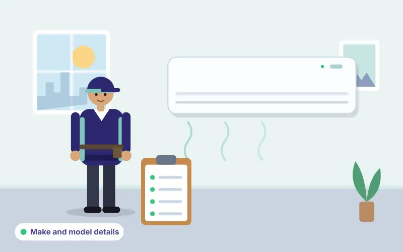 Illustration of a technician holding a clipboard beside a split air conditioner to note its make and model