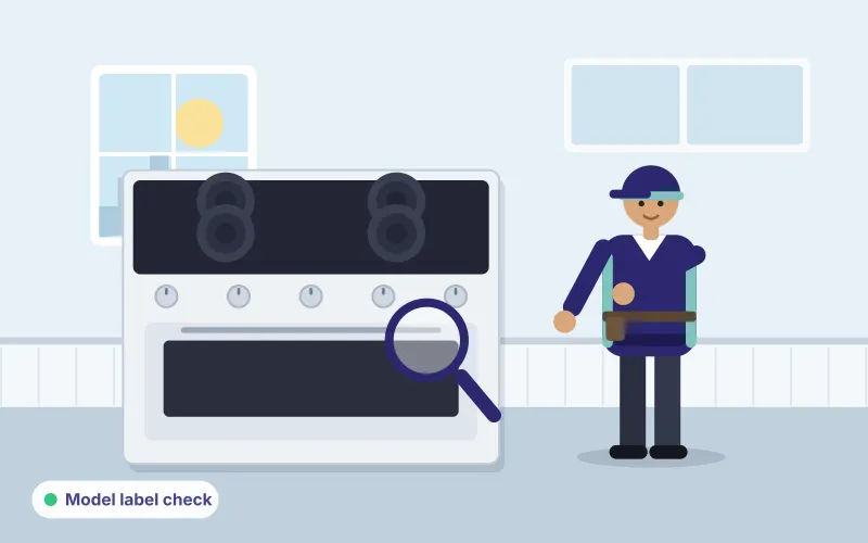 Illustration of a technician checking the data label on an electric stove