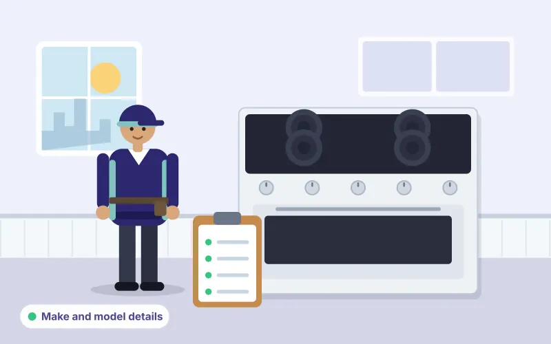 Illustration of a technician with a clipboard beside an electric stove