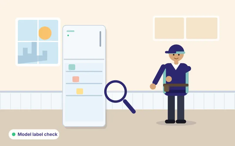 Illustration of a technician looking at the model label inside an open refrigerator