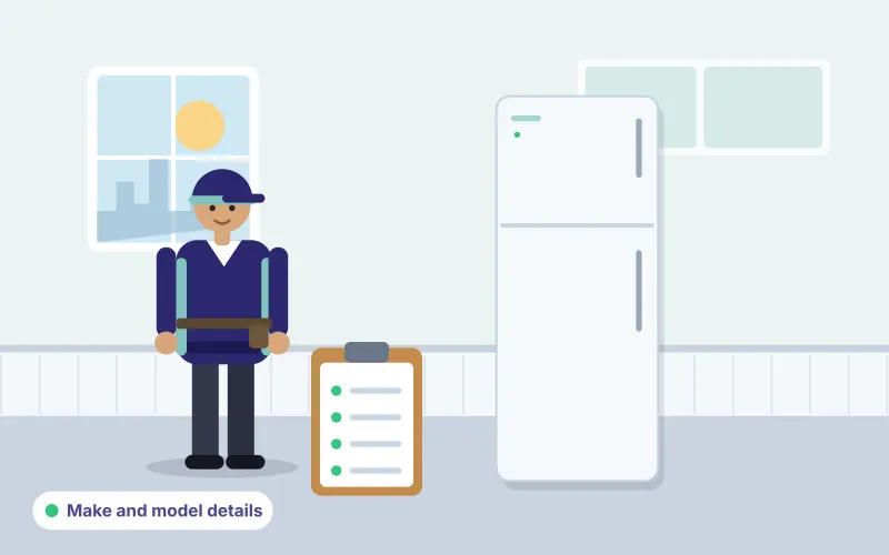Illustration of a technician with a clipboard standing beside a refrigerator