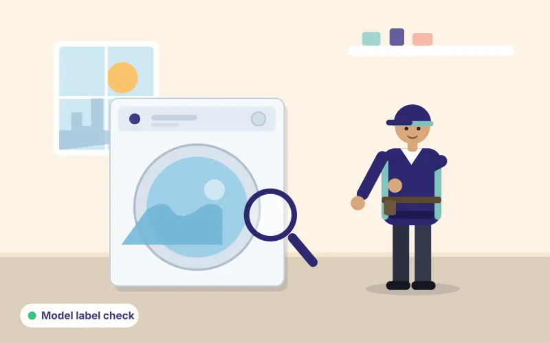 Illustration of a technician inspecting the rating label on a washing machine with a magnifying glass