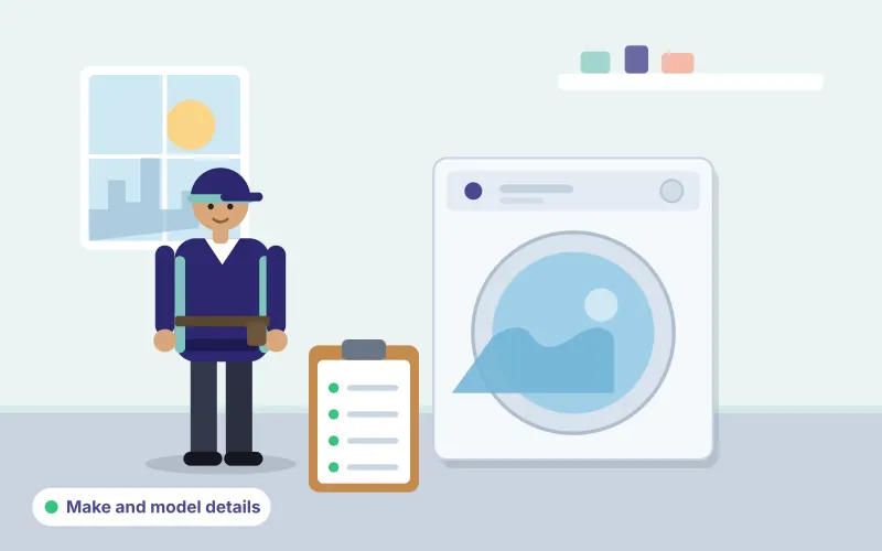 Illustration of a technician with a clipboard beside a washing machine