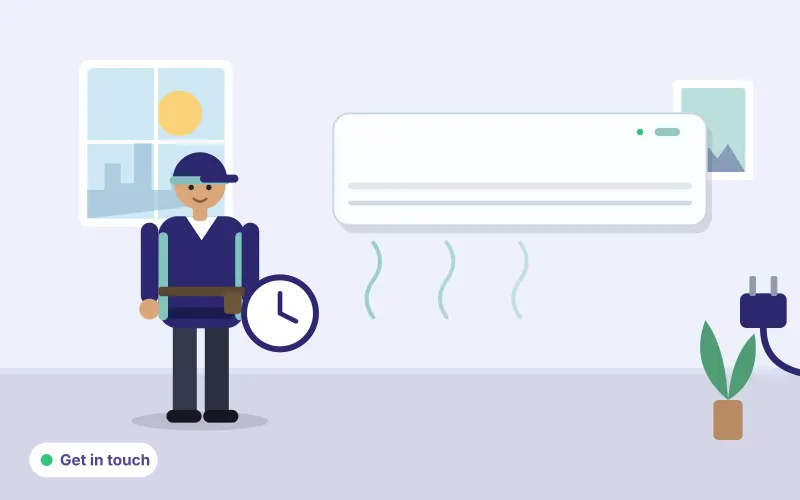 Illustration of a technician beside an air conditioner with a clock and power plug, inviting people to get in touch