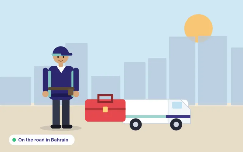 Illustration of a plain white service van and technician with a toolbox in front of a city skyline