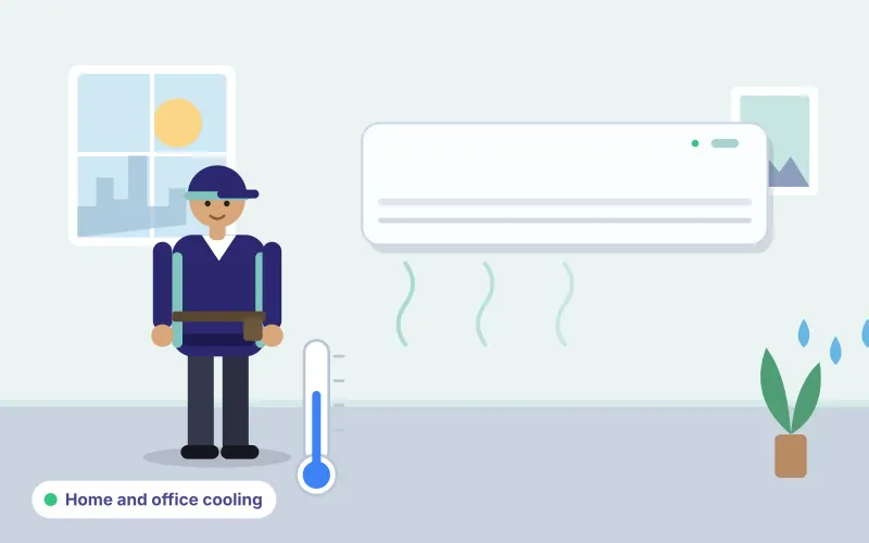 Illustration of a smiling technician in a navy uniform beside a split air conditioner in a bright living room