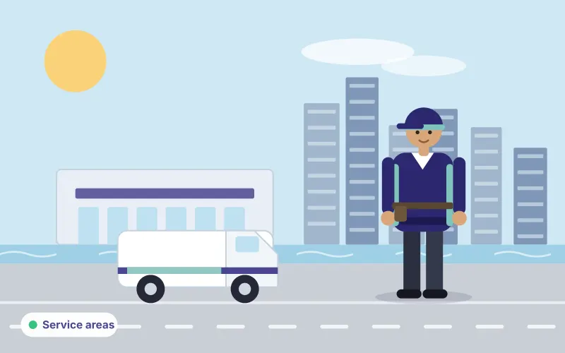 Illustration of a Bahrain-style skyline with a service van and technician representing the areas served