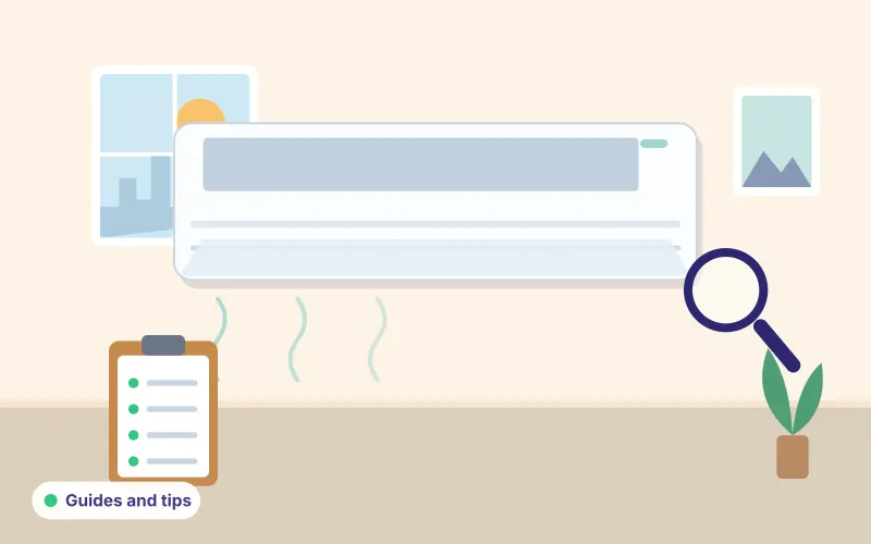 Illustration of an open air conditioner with a clipboard and magnifying glass representing repair guides