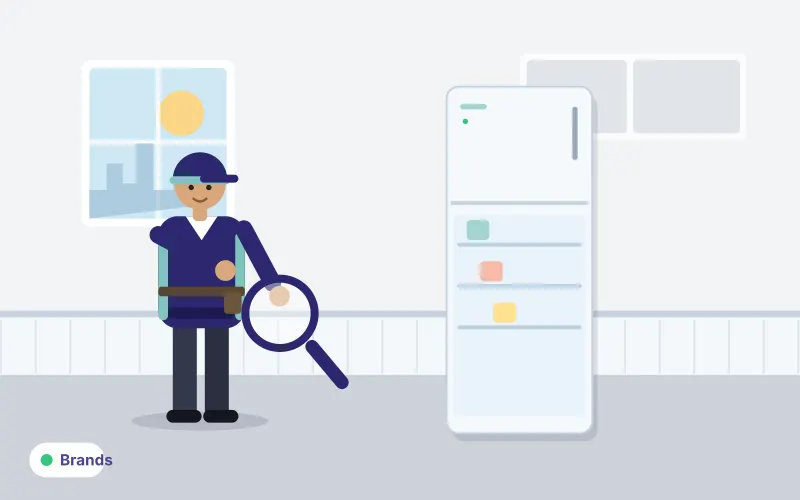 Illustration of a technician with a magnifying glass inspecting the label of a refrigerator