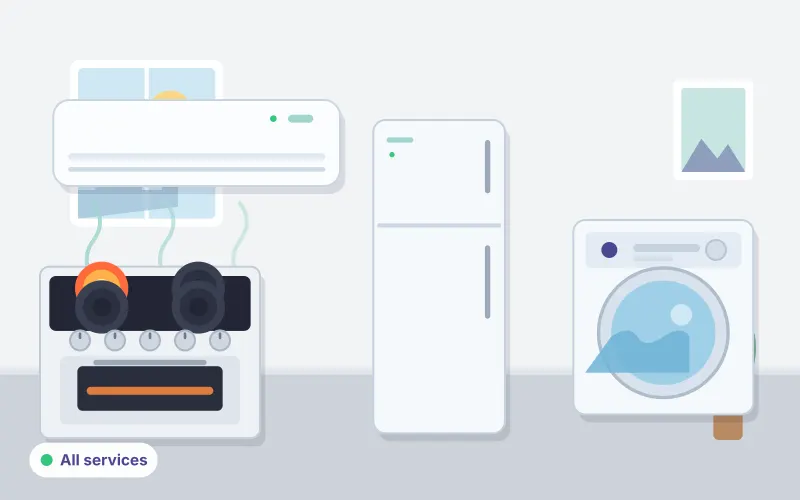 Illustration of an air conditioner, refrigerator, washing machine and electric stove in one scene