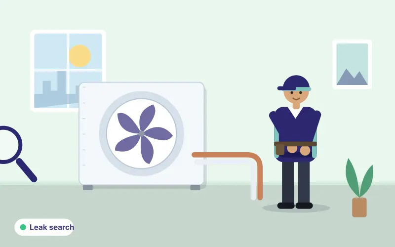 Illustration of a technician inspecting copper refrigerant pipework with a magnifying glass beside an outdoor unit