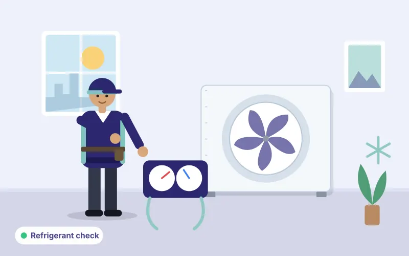 Illustration of a technician reading a pair of manifold pressure gauges connected to an outdoor AC unit