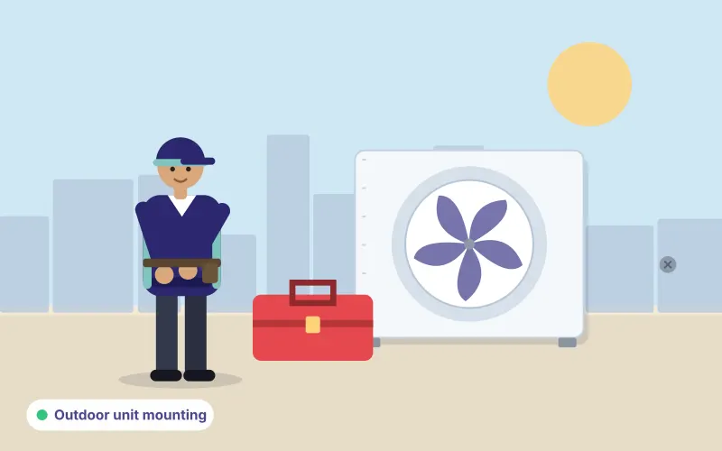 Illustration of a technician securing an outdoor AC unit on its mounting, with a toolbox and fixing bolt