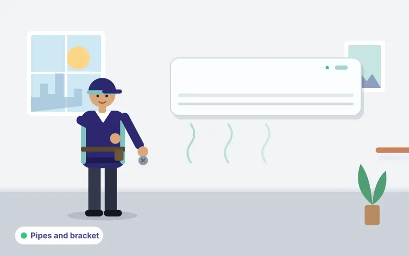 Illustration of a technician checking pipework and the wall bracket of a freshly installed split AC
