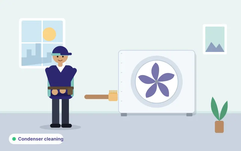 Illustration of a technician crouching to clean the fins of an outdoor air conditioner condenser