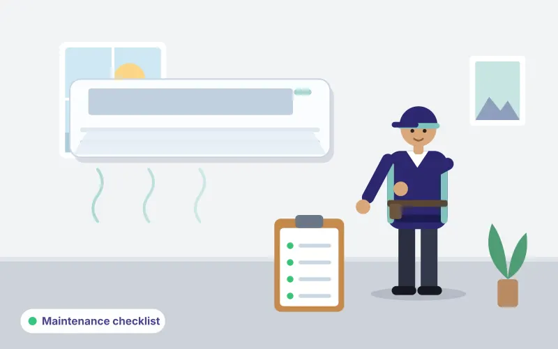 Illustration of a technician working through a maintenance checklist next to an open indoor AC unit