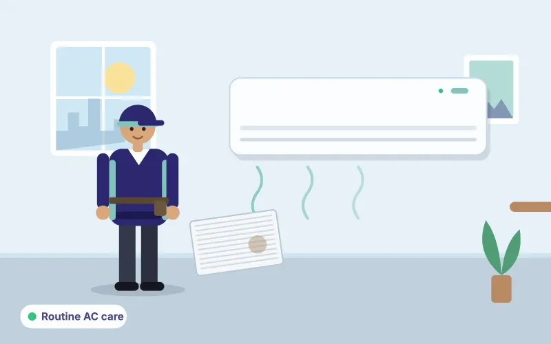 Illustration of a technician holding a clipboard beside a split AC, with a clean filter and brush ready for servicing