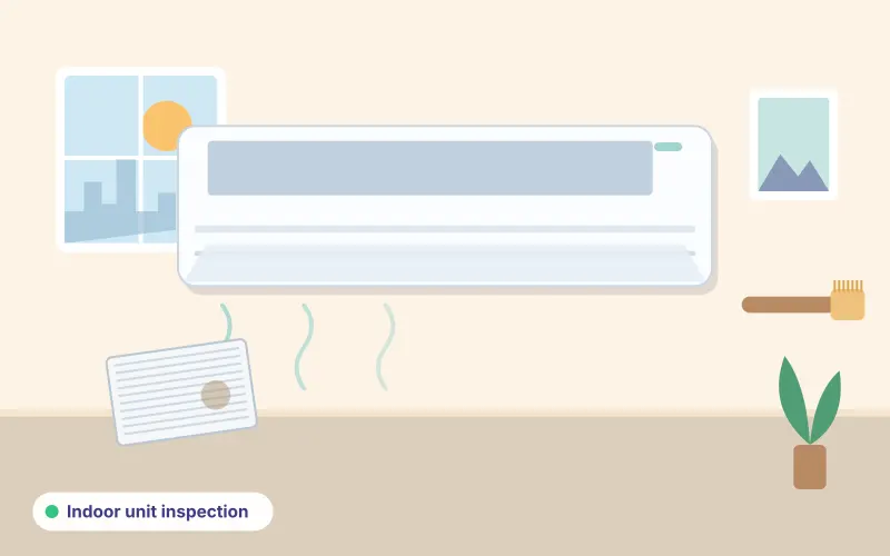 Illustration of an indoor air conditioner with its front panel lifted, next to a dust filter and a cleaning brush