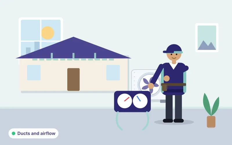 Illustration of a technician inspecting a ducted central AC layout in a house with a pressure gauge