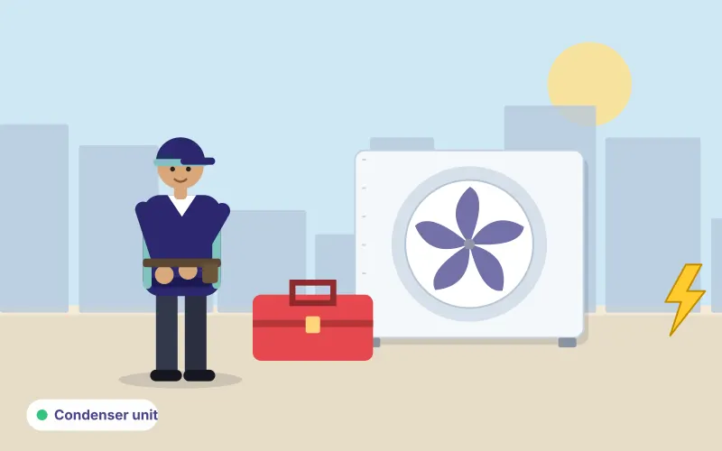 Illustration of a technician crouching at a large outdoor condenser with a toolbox and an electrical warning symbol