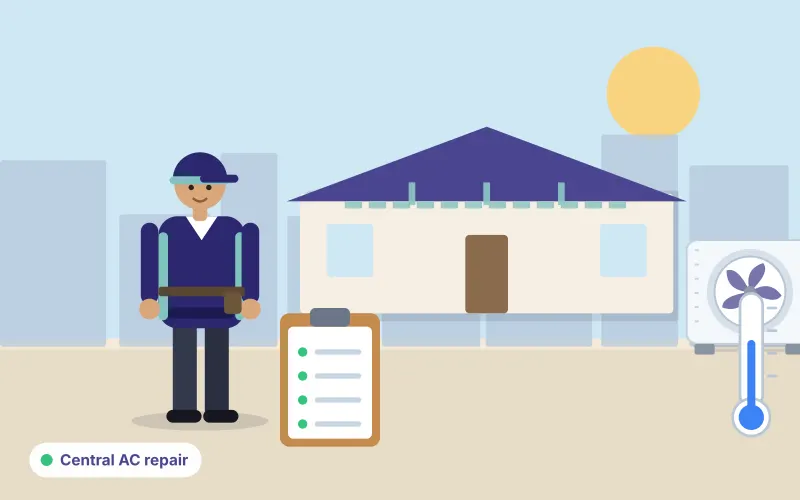 Illustration of a house with ducted air conditioning, an outdoor condenser and a technician holding a clipboard