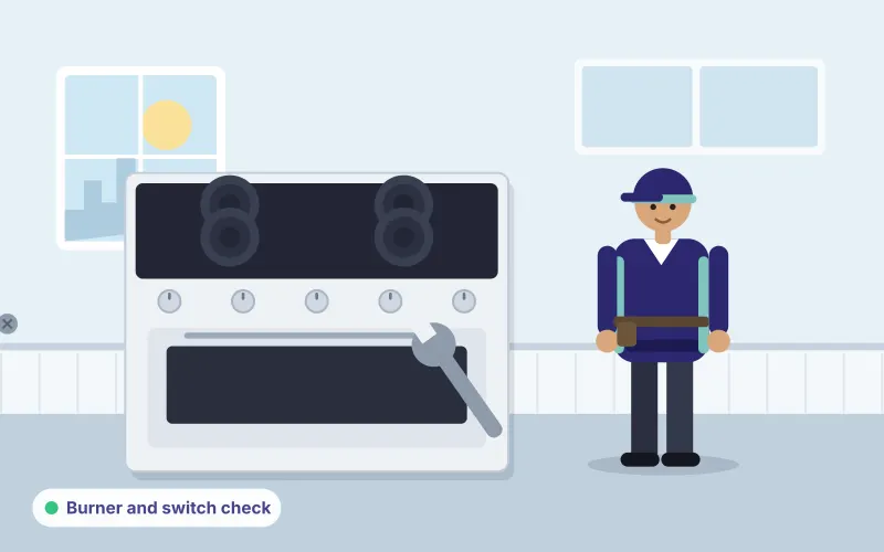 Illustration of a technician with tools beside an electric stove with four burners and an oven