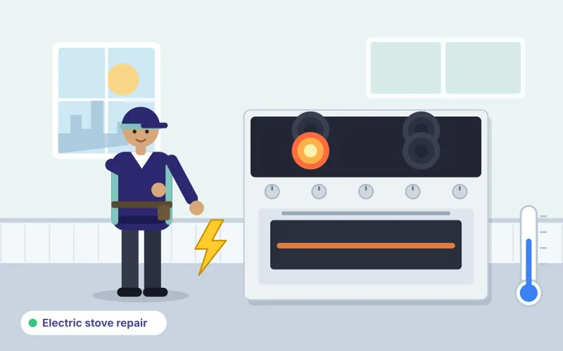 Illustration of a technician inspecting an electric cooker with one glowing burner and an electrical warning symbol