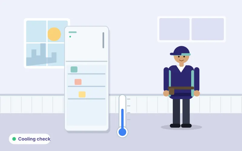 Illustration of an open refrigerator with food on the shelves and a technician holding a thermometer