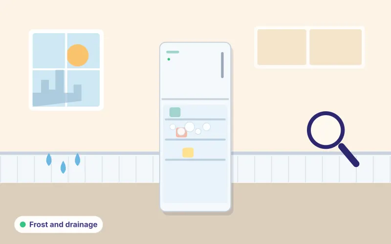 Illustration of a refrigerator with ice buildup, water drops and a magnifying glass to show frost and drain problems