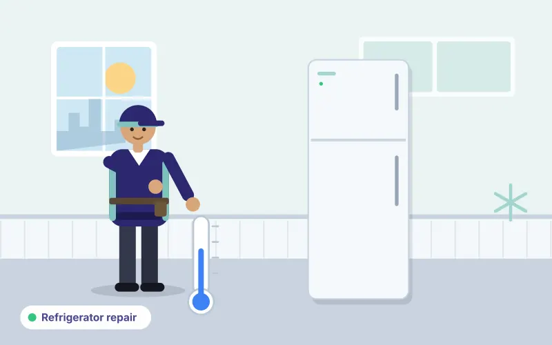 Illustration of a technician checking a double-door refrigerator in a kitchen, with a thermometer and snowflake symbol