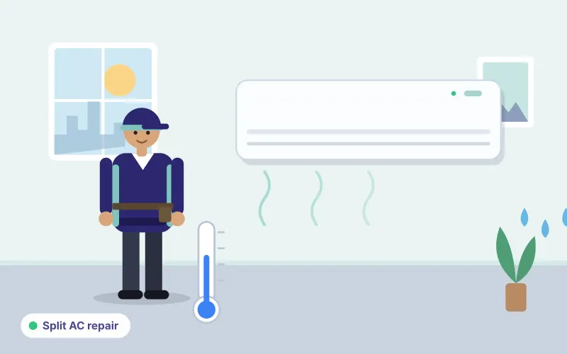 Illustration of a technician beside a split AC with a thermometer and water drops indicating a cooling or leak problem