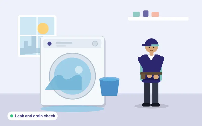 Illustration of a technician crouching beside a washing machine with a puddle on the floor and a bucket