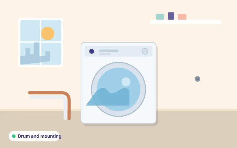 Illustration of a washing machine with a water hose and a fixing bolt, representing drum and mounting checks
