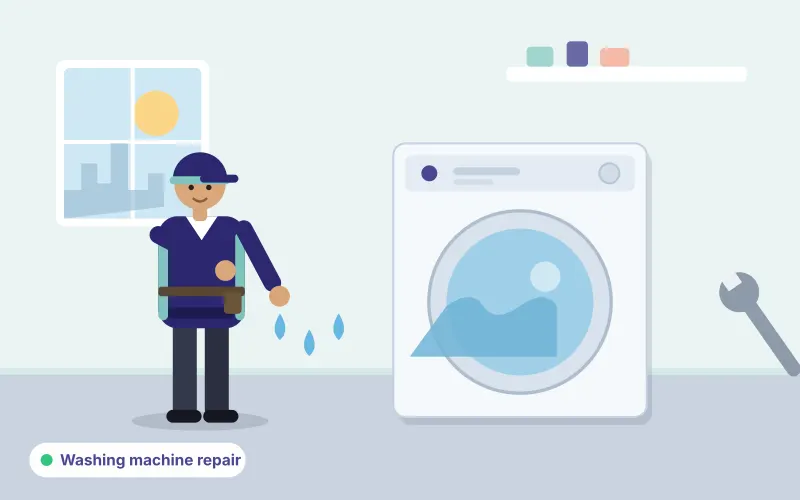 Illustration of a technician checking a front-loading washing machine with water drops and a wrench
